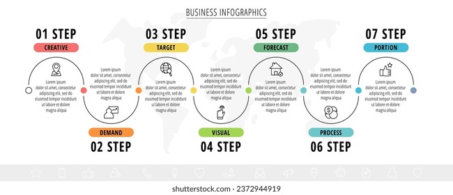 Linie minimale Infografik-Zeitleiste mit sieben Schritten. Diagramm-Prozessvorlage. Moderne Vektorgrafik für Unternehmensprojekte und Präsentationen