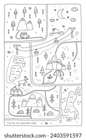 Line minimal Mountain Lake Rustic Road Map. Vector hand drawn illustration for print design, poster