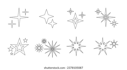 Line Minimalist silhouette Retro futuristic sparkle icons collection. Set of star shapes. Abstract cool shine effect sign vector design. twinkle star shape symbols Modern geometric element set outline