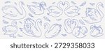 Line minimalist swans set. Beautiful elegant birds with heart shape necks on white background. Swan in ink victorian romantic style for wedding invitation card design. Hand drawn vector illustration.