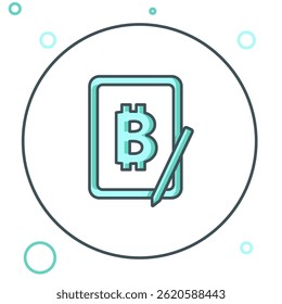 Line Mining bitcoin from graphic tablet icon isolated on white background. Cryptocurrency mining, blockchain technology service. Colorful outline concept. Vector
