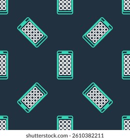 Line Mobile Apps icon isolated seamless pattern on black background. Smartphone with screen icons, applications. mobile phone showing screen. Vector