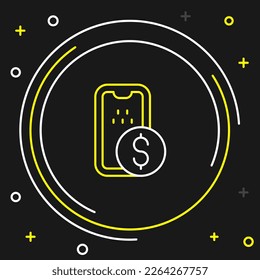 Line Mobile banking icon isolated on black background. Transfer money through mobile banking on the mobile phone screen. Colorful outline concept. Vector