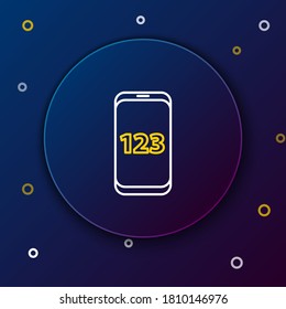Line Mobile calculator smartphone interface icon isolated on blue background. Mathematical application on phone display. Colorful outline concept. Vector