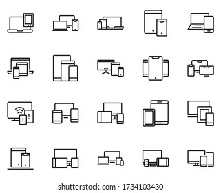 Line mobile devices icon set isolated on white background. Outline electronics symbols for website design, mobile application, ui. Collection of device pictogram. Vector illustration, editable stroke.