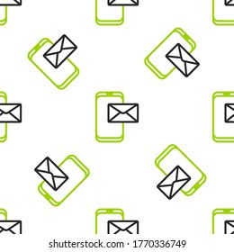 Line Mobile and envelope, new message, mail icon isolated seamless pattern on white background. Usage for e-mail newsletters, headers, blog posts.  Vector Illustration