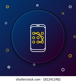 Line Mobile phone and graphic password protection icon isolated on blue background. Security, safety, personal access, user authorization. Colorful outline concept. Vector