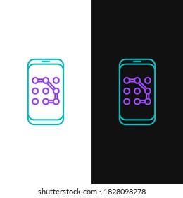 Line Mobile phone and graphic password protection icon isolated on white and black background. Security, safety, personal access, user authorization. Colorful outline concept. Vector