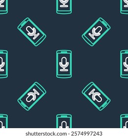 Line Mobile recording icon isolated seamless pattern on black background. Mobile phone with microphone. Voice recorder app smartphone interface.  Vector