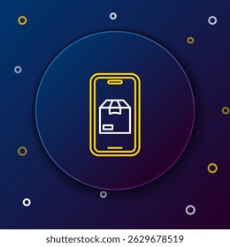 Line Mobile smart phone with app delivery tracking icon isolated on blue background. Parcel tracking. Colorful outline concept. Vector