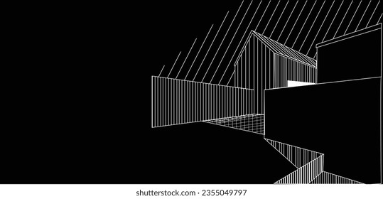 line modern house in line art drawing style. Family home minimalist white linear design isolated on black background. Vector illustration