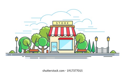 Line modern storefront. Linear store front on street concept, shop or commercial boutique exterior, small retale business building vector illustration