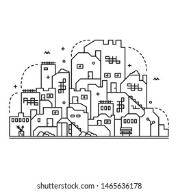 Line modern urban big city panorama with color building on background. Outline stroke cityscape skyscrapers vector illustration.