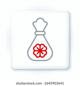 Saco de Dinheiro de Linha com ícone de trevo de quatro folhas isolado no fundo branco. Sinal de moeda Cash Banking. Feliz dia de São Patrício. Conceito de contorno colorido. Vetor