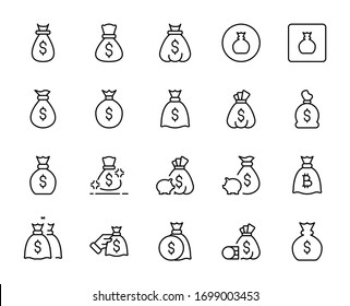 Line money bag icon set isolated on white background. Outline money symbols for website design, mobile application, ui. Collection of bag pictogram. Vector illustration, editable strok. Eps10