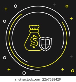 Line Money bag with shield icon isolated on black background. Insurance concept. Security, safety, protection, protect concept. Colorful outline concept. Vector