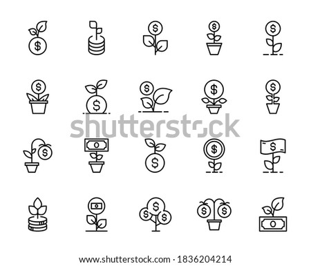 Line money growth icon set isolated on white background. Outline plant symbols for website design, mobile application, ui. Collection of finance pictogram. Vector illustration, editable strok. Eps10