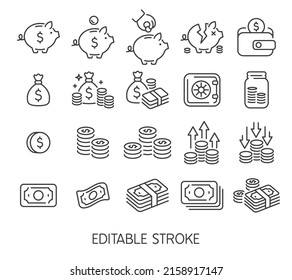 Line money icons, hands golding coins, dollar bills and cash. Credit card payment, piggy bank, salary, savings, profit, wallet and money bag vector set