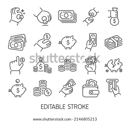 Line money icons, hands golding coins, dollar bills and cash. Credit card payment, piggy bank, salary, savings, wallet and money bag vector set