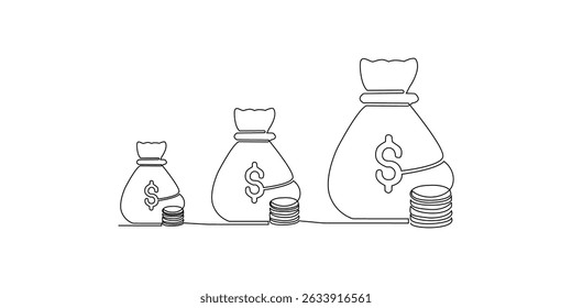 Linha de dinheiro um gráfico de arte financeiro contínuo ícone financeiro moeda única. Crescimento uma linha gráfico de dinheiro esboço conceito de dinheiro mão investimento seta negócio vetor desenho banco doodle fundo lineart saco