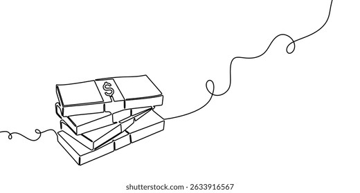 Linha de dinheiro um gráfico de arte financeiro contínuo ícone financeiro moeda única. Crescimento uma linha gráfico de dinheiro esboço conceito de dinheiro mão investimento seta negócio vetor desenho banco doodle fundo lineart saco