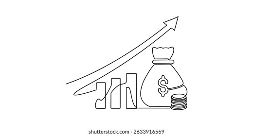 Linha de dinheiro um gráfico de arte financeiro contínuo ícone financeiro moeda única. Crescimento uma linha gráfico de dinheiro esboço conceito de dinheiro mão investimento seta negócio vetor desenho banco doodle fundo lineart saco
