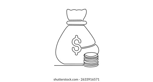 Linha de dinheiro um gráfico de arte financeiro contínuo ícone financeiro moeda única. Crescimento uma linha gráfico de dinheiro esboço conceito de dinheiro mão investimento seta negócio vetor desenho banco doodle fundo lineart saco