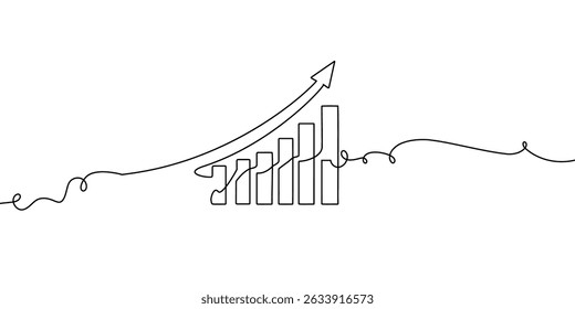 Linha de dinheiro um gráfico de arte financeiro contínuo ícone financeiro moeda única. Crescimento uma linha gráfico de dinheiro esboço conceito de dinheiro mão investimento seta negócio vetor desenho banco doodle fundo lineart saco