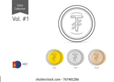Line Mongolian Tugrik coin vector. Isolated on white background. Simple thin line coin icons for websites, web design, mobile app, infographics.