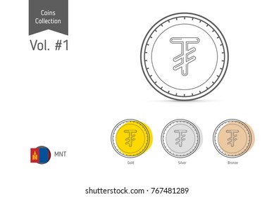 Line Mongolian Tugrik coin vector. Isolated on white background. Simple thin line coin icons for websites, web design, mobile app, infographics.