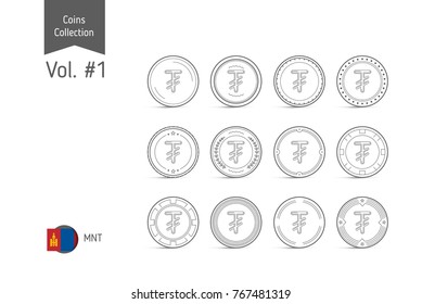 Line Mongolian Tugrik coin vector. Isolated on white background. Simple thin line coin icons set for websites, web design, mobile app, infographics.