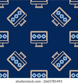 Line Monitor with password notification icon isolated seamless pattern on blue background. Security, personal access, user authorization, login form.  Vector