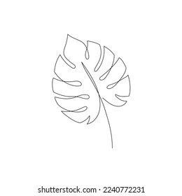 Línea de arte de hojas de monstera. Una línea continua de arte decorativa de hojas de monstera. Acto editable con un solo elemento de hoja de palma tropical. Ilustración vectorial aislada