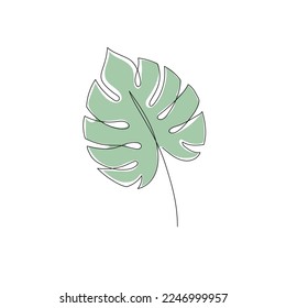 Line monstera leaf art. One continuous line art decorative monstera leaf draw. Editable stroke single tropical palm leaf element. Isolated vector illustration