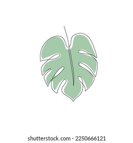 Line monstera leaf art. One continuous line art decorative monstera leaf draw. Editable stroke single tropical palm leaf element. Isolated vector illustration