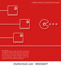 Line-Monster auf rotem Hintergrund. Altes Videospiel-Design. Cover Broschüren, Flyer, Kartendesign-Vorlage. Vektorgrafik