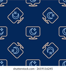 Line Moon and stars icon isolated seamless pattern on blue background. Cloudy night sign. Sleep dreams symbol. Full moon. Night or bed time sign.  Vector