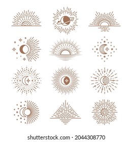 Line moon and sun. Drawing saturn, stars, boho style moons phases. Cosmic outline art, crescent and astronomy symbol, mystic alchemy tidy vector set