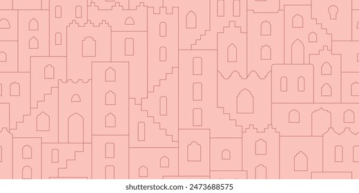 Line moroccan city scape seamless pattern. Simple arabic outline town for background.