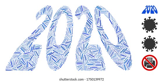 Zeilenmosaik 2020 Perspektivtextsymbol, das aus schmalen Elementen in unterschiedlichen Größen und Farbtönen entworfen wurde. Zeilenelemente sind in einem abstrakten Vektormosaik 2020-Perspektivtextsymbol vereint.