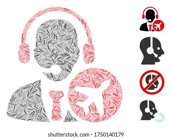 Line mosaic air dispatcher icon united from narrow items in different sizes and color hues. Line items are united into abstract vector composition air dispatcher icon. Bonus icons are placed.
