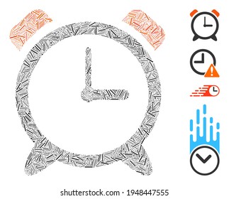 Line mosaic alarm clock icon composed of straight items in different sizes and color hues. Line items are combined into abstract vector collage alarm clock icon. Bonus icons are added.