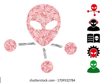 Line mosaic alien connections icon united from narrow items in random sizes and color hues. Vector linear items are composed into abstract composition alien connections icon.