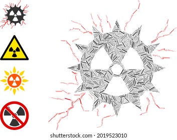La potencia atómica de mosaico de línea desata un icono unido de elementos rectos en tamaños variables y tonos de color. Los elementos de línea se unen en el icono de chispas de potencia atómica de composición vectorial abstracta.