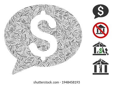 Line mosaic bank message icon constructed from straight items in variable sizes and color hues. Line items are arranged into abstract vector illustration bank message icon. Bonus icons are placed.