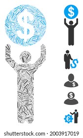 Line mosaic banker icon designed from straight items in different sizes and color hues. Vector linear items are combined into abstract mosaic banker icon. Bonus icons are placed.