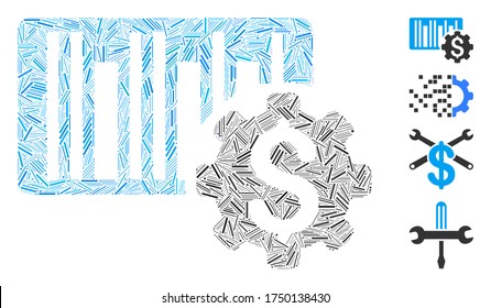 Line mosaic barcode price setup gear icon constructed from straight items in variable sizes and color hues. Lines items are arranged into abstract vector mosaic barcode price setup gear icon.