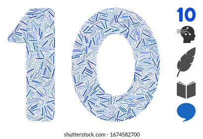 Line Mosaic based on 10 digits text icon. Mosaic vector 10 digits text is designed with randomized line dots. Bonus icons are added.