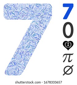 Line Mosaic based on 7 digit icon. Mosaic vector 7 digit is formed with randomized line items. Bonus icons are added.