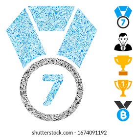 Line Mosaic based on 7th place medal icon. Mosaic vector 7th place medal is created with scattered line items. Bonus icons are added.